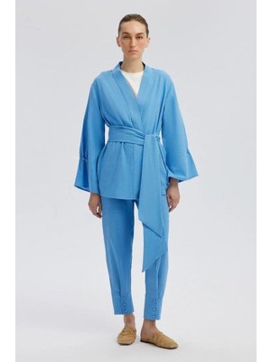Touche Kemer Detaylı Kimono Takım Mavi