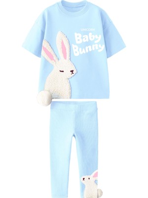Kız Çocuk 3D Sevimli Tavşan Peluş Aplike Detaylı  Pamuklu T-Shirt Fitilli Tayt Alt Üst Takım