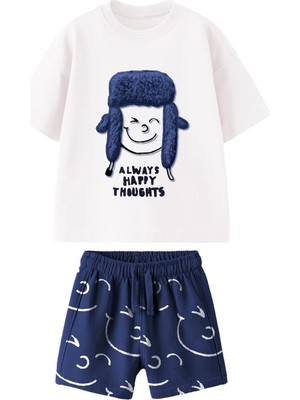 Erkek Çocuk 3D Peluş Nakış Uşanka Şapka Detaylı Pamuklu T-Shirt Şort Alt Üst Takım