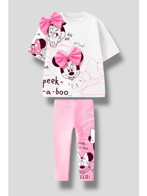 Kız Çocuk Sevimli Fare 3D Kurdela Fiyonk Detaylı T-Shirt Tayt Alt Üst  Takım - 2 Parça Pamuklu