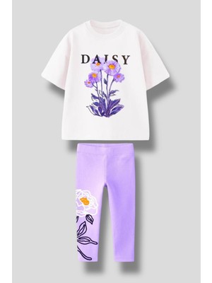 Kız Çocuk 3D Püskül Çiçek Papatya Detaylı Tişört Desenli Tayt Takımı 2'li Set, Pamuklu