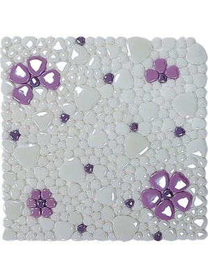 Mutfak Tezgah Arası, Havuz, Banyo, Sauna, Spa, Iç ve Dış Dekorasyonda Tüm Yüzeyler Için, Beyaz, Lila, Mor Çiçek Desenli, 31,5X31,5CM. Fileli Cam Mozaik. ( 1 M2 Fiyatıdır )
