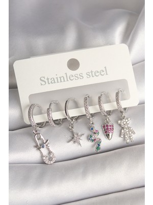 Pirinç Gümüş Renk Zirkon Taşlı Yılan Figür Kadın Küpe Seti