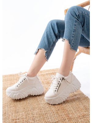 SP-156 Beyaz Bağcıklı Fermuarlı Yüksek Taban Günlük Spor Ayakkabı