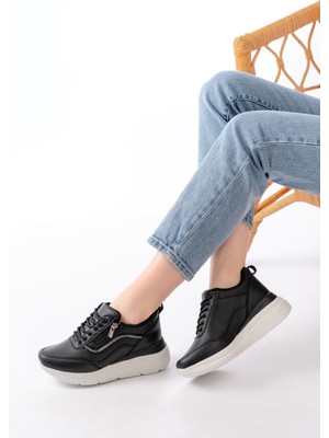 F-207 Siyah Bağcıklı Fermuarlı Taş Aksesuarlı Mevsimlik Spor Ayakkabı