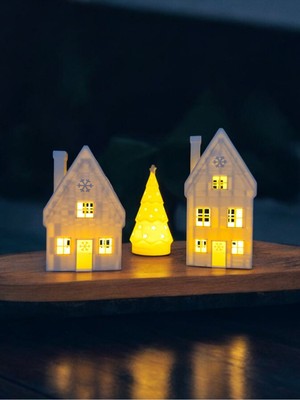 Kar Taneli 3lü Kış Evleri - 2 Noel Evi 1 Çam Ağacı Konseptli Dekoratif Ev ve Yılbaşı Süsleri