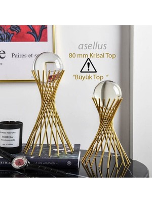 2 Li Burgu Kristal Toplu Dekorasyon Seti - 80 mm Büyük Toplu, Altın ve Kristal Küre Detaylar