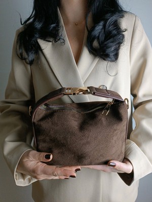 Milabella Toile Kahve-Taba Hasır Desenli Kilit Saplı Kadın El Kol ve Omuz Çantası