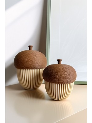 Dekoratif Meşe Palamudu Biblo Seti, 2li Kutu Dekorasyon Objesi, Işıklar Dahil Değil 15 cm -10 cm