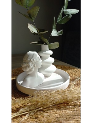 Vazo Kız Heykel Yuvarlak Tabak 3 Lü Dekoratif Set