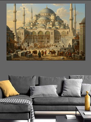 Mavi Cami Inşaatı Osmanlı Dekoratif Kanvas - Mdf Ahşap Tablo