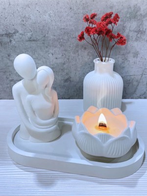 Beyaz Renk Sarılan Sevgili Biblo Kokulu Lotus Mumluk Minimal Kuru Çiçek Vazosu Seti