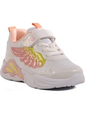 Beyaz-Pudra-Sarı Cırtlı Kız Çocuk Spor Ayakkabı 1878 F