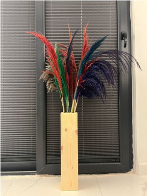 Dekoratif Ahşap Vazo Pampas Yapay Çiçek Vazosu 50  cm