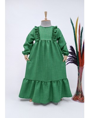 Kız Çocuk Keten Tesettür Elbise – Buse Model Uzun Tam Boy Yeşil