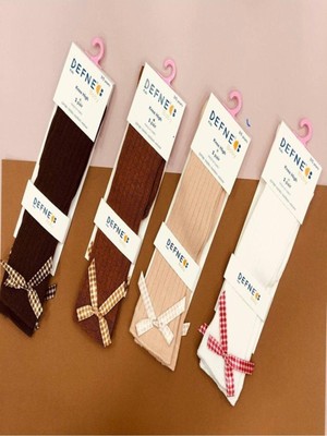 Kıpırık Baby 1 Adet Kız Çocuk  Kareli Fiyonklu Deteylı Koyu Kahve Dizaltı Çorabı