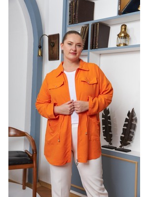 Imagine Giyim Kadın Büyük Beden Turuncu Ceket Fermuarlı Bel Bağcık Detaylı Modern Polyester
