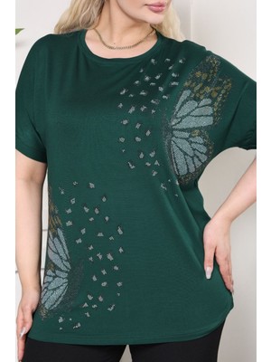 Büyük Beden Kelebek Taş Detaylı Likralı Yarasa Kol Bluz JB201565489