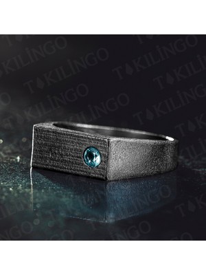 925 Ayar Gümüş Oksitli Mavi Akuamarin Taşlı Sade Erkek Yüzük