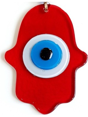 Nazar Boncuklu Kırmızı Renk Fatma Ana Bereket Eli Cam Duvar Süsü