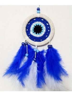 Saks Mavisi Kuş Tüylü Nazar Boncuğu Motifli El Yapımı Duvar Süsü