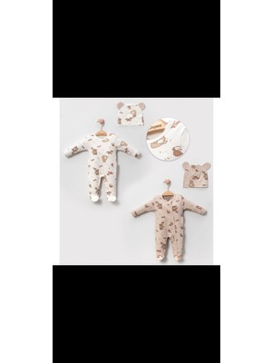 Pamuklu Şapkalı Unisex Hayvan Desenli 2'li Tulum Seti 4 Parça