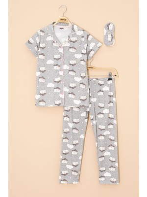 Gri Kuzu Desenli Kısa Kollu Kız Çocuk Göz Bantlı Pijama Takımı 20594