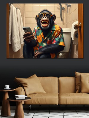 Tuvalette Telefonlu Maymun Anı Dekoratif Kanvas - Mdf Ahşap Tablo