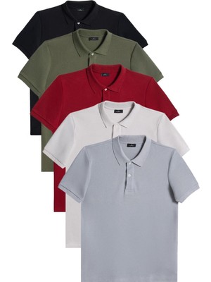 Erkek 5'li Paket Siyah-Haki-Bordo-Gri-Koyu Gri Slim Fit Dar Kesim Pamuklu Düz Pike Polo Yaka Tişört
