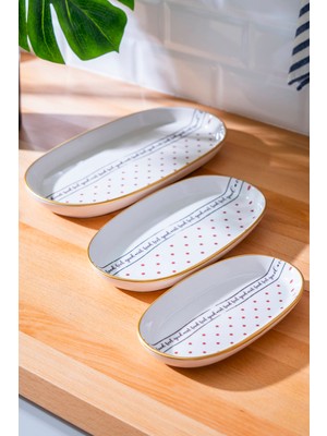 Acar Feel Good 3'lü Bej Renk Seramik Kayık Tabak Seti Oval Tasarım 31x17 cm, 24x14 cm, 21x11,5 cm