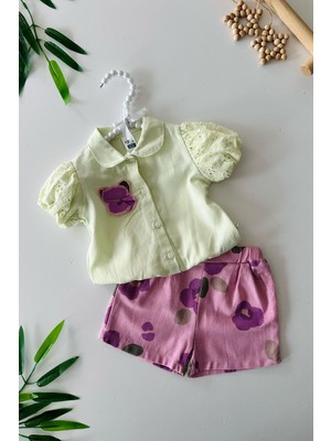 Miniğimin Cicileri Çiçek Desenli Şort ve Dantel Kollu Gömlek Kız Bebek Takımı - Yeşil