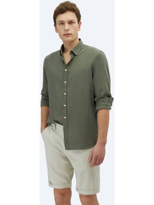 Kip Haki Düz Regular Fit Dokuma Casual %100 Pamuk Gömlek