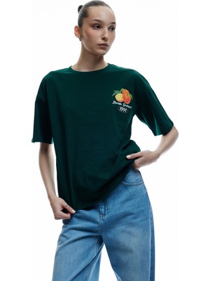 Koton Kısa Kollu Bisiklet Yaka Portakal Baskılı Pamuklu Oversize Tişört