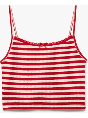 Koton Ip Askılı Kalp Işlemeli Fiyonklu Çizgili Crop Bluz
