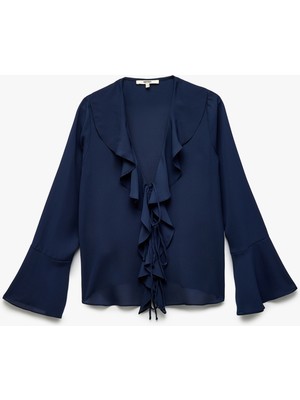 Koton Uzun Ispanyol Kol V Yaka Fiyonk Detaylı Bağlamalı Krep Fırfırlı Gömlek