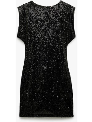 Koton Pullu Payetli Bisiklet Yaka Kısa Kollu Elbise