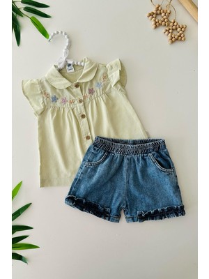 Miniğimin Cicileri Nakış Çiçek Desenli Kot Şortlu Kız Bebe 2 li takım - Yeşil