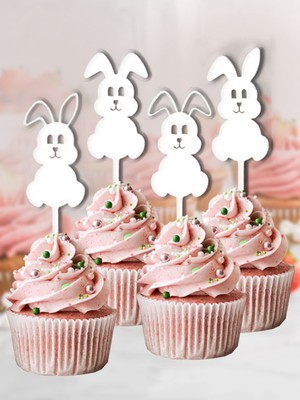 Tavşanlar 4'lü Doğum Günü Süsü Pasta Cupcake Kürdanı Yeniden Kullanılabilir Tatlı Kek Topper
