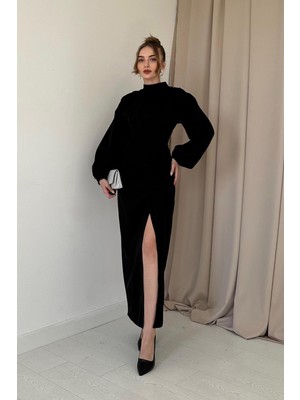 Elbee Fashion Woman Siyah Önü Büzgülü Eteği Yırtmaçlı Elbise