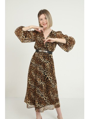 Elbee Fashion Woman Kahverengi Kemerli Elbise