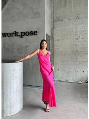 Defy Moda Jakarlı Askılı Saten Elbise Asimetrik - Pembe