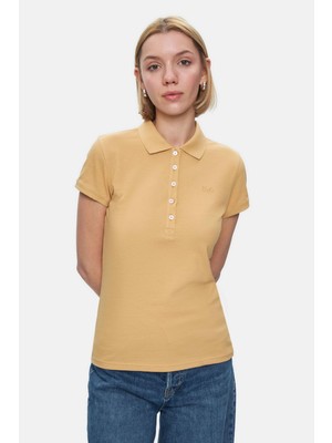 Ucla SHAVER Kahve Polo Yaka Nakışlı Pamuklu Standard Fit Kadın Tshirt