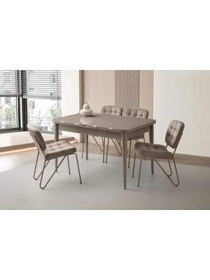 Ortadan Açılır Büyüyen 90 x 160 cm  Cappicino Ahşap Salon Yemek Masa Sandalye Takımı 4 Banky Sandalyeli
