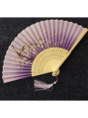Beluga Bambu Vintage Lila Kelebekli Japon Yelpaze 21 cm x 38 cm 1 Adet Şık Tasarım