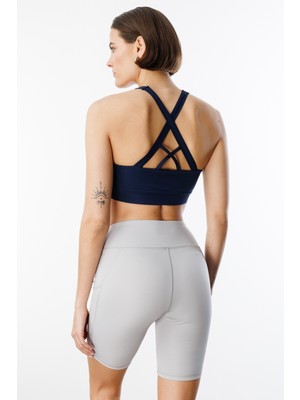 Genius Store Hafif Destekli Kadın Spor Sütyeni Çapraz-Atlet Lacivert Renkli Sırt Detaylı Konforlu Kumaş