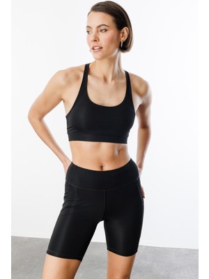 Genius Store Hafif Destekli Kadın Spor Sütyeni Çapraz-Atlet Siyah Renk Sırt Detaylı Nefes Alan Kumaş
