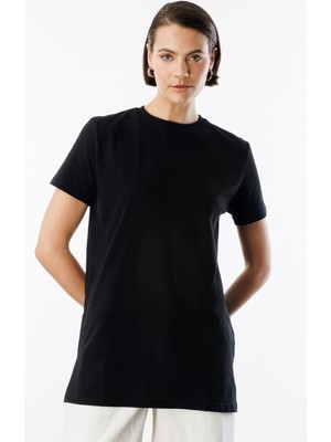 Regular Fit Bisiklet Yaka Basic Düz Kısa Kollu  Pamuk Tunik Oversıze-Tunık