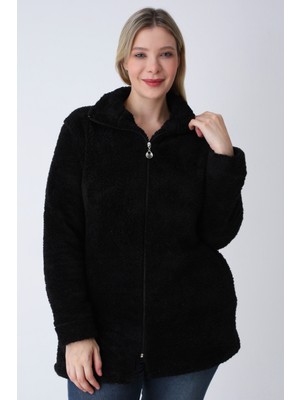 Intensive Collection Kadın Siyah Büyük Beden Fermuarlı Soft Peluş Hırka