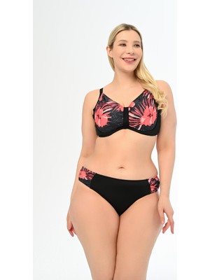Aquaviva Kadın Büyük Beden Siyah Pembe Gül Desen Apollonia Yeni Toparlayıcı Bikini Takımı
