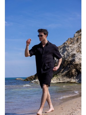 Keten Kumaş Siyah Renk Cep Detaylı Gömlek Şort Erkek Takım